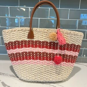 BARNEYS NEW YORK Leather-Trimmed Raffia Basket Bag $180